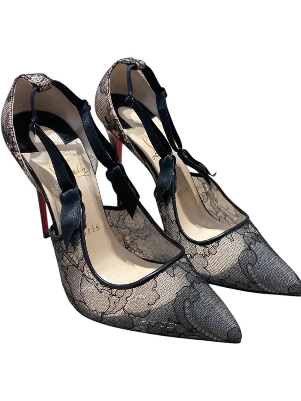 Christian Louboutin Black Lace Pointed Toe Pumps with Red Soles